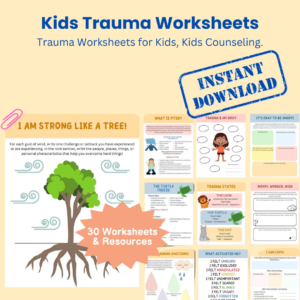 A colorful trauma worksheets with the title "What is PTSD?" and illustrations depicting common experiences of trauma.