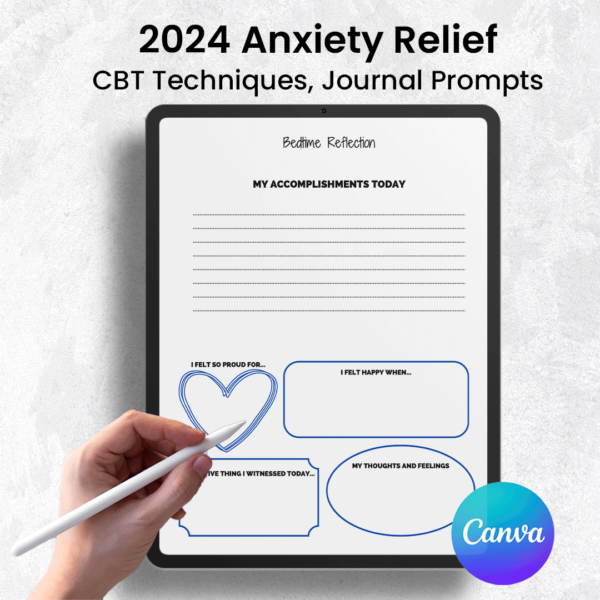 Editable CBT workbook with a highlighted mood tracker and a checkmark next to a completed goal.