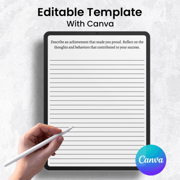 Person using a tablet to edit a vibrant, customizable CBT prompt template in Canva.