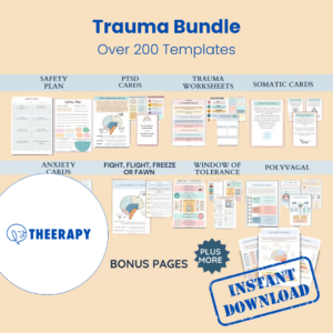 Hand crumpling a piece of paper labeled "Trigger" with a worksheet titled "Trigger Taming Techniques" nearby. Trauma Therapy Bundle