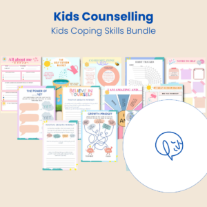 Child holding colorful coping skill cards with illustrations of calming techniques. Kids Therapy Worksheets