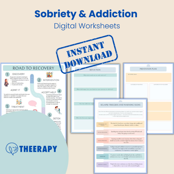 Hand crumpling a paper labeled "Craving" with a worksheet titled "Healthy Coping Strategies" nearby. Sobriety & Addiction Worksheets